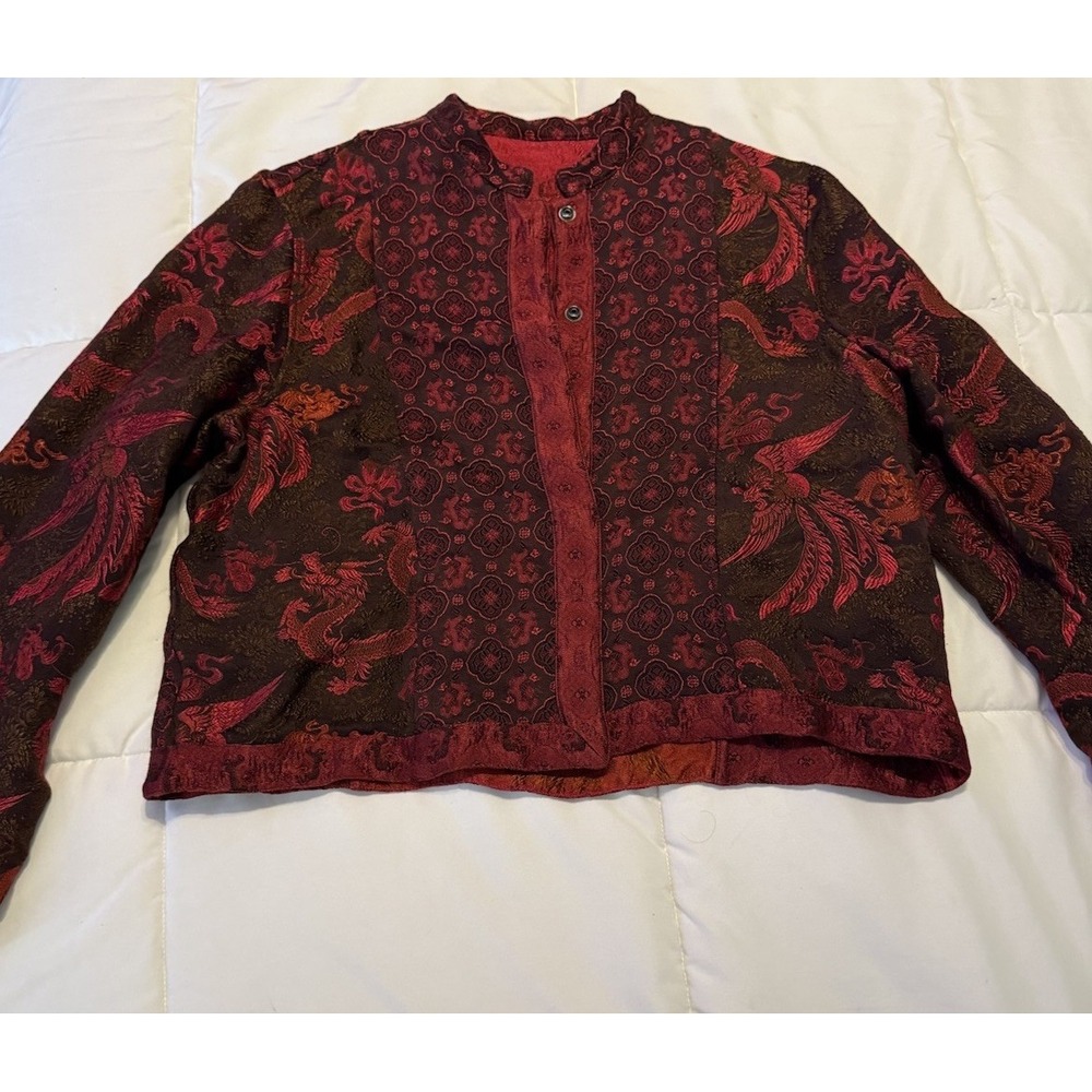 Dragon Phoenix Brocade Jacket Womens Red Black Asian Inspired Goth Art Wear - Picture 2 of 2